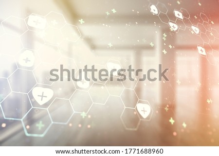 Abstract virtual medical illustration on empty corporate office background. Medicine and healthcare concept. Multiexposure