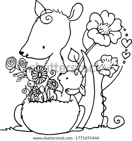 cartoon kangaroo with baby and flowers