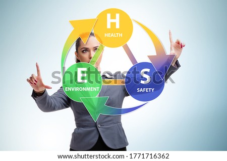 HSE concept with businesswoman pressing virtual button