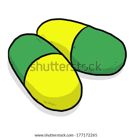 yellow green, two capsule drug/ cartoon vector and illustration, isolated on white background.