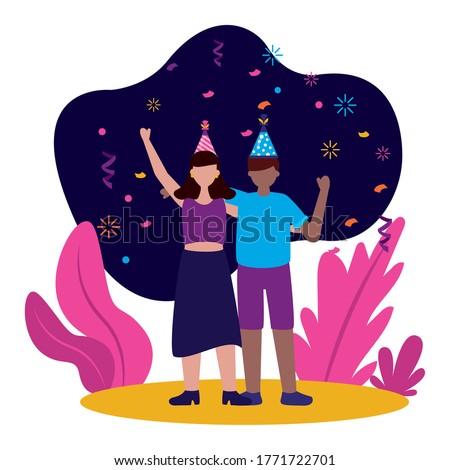woman and man with hats design, Happy birthday card celebration decoration surprise party anniversay and invitation theme Vector illustration