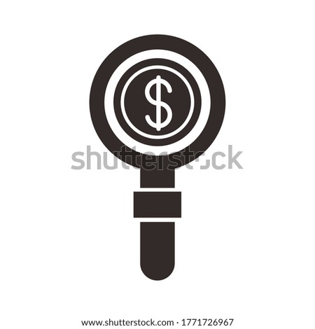coin dollar with magnifying glass silhouette style icon vector illustration design