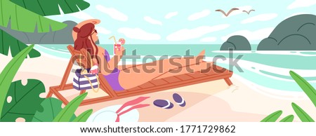 Woman lying on chaise-longue with cocktail at empty beach vector flat illustration. Female in swimsuit enjoying sunbathing having rest near sea. Relaxed girl enjoying calmness at tropical resort