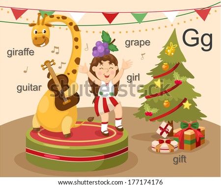Alphabet.G letter.giraffe,guitar,girl,grape,gift.
