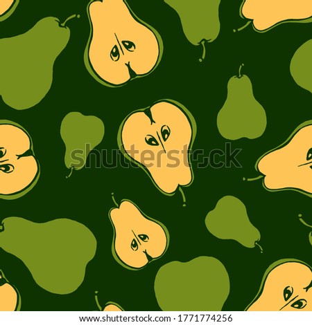 Seamless pattern with hand drawn fruits elements pear. Vegetarian wallpaper. For design packaging, textile, background, design postcards and posters.