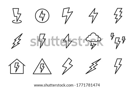 Set of lightning bolt icons in modern thin line style. High quality black outline thunderbolt symbols for web site design and mobile apps. Simple bolt pictograms on a white background.