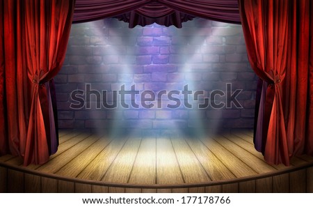 Theater stage with red curtains and spotlights. Theatrical scene in the light of searchlights, the interior of the old theater. Classical theater scene for design in showbiz. Royalty-Free Stock Photo #177178766