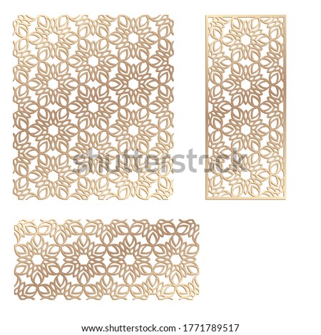 Decal. Laser cutting panel. Fence. Veneer vector. Plywood laser cutting floral design. Room divider. Seamless pattern for room divider. Stencil lattice ornament for laser cutting. Home screen.