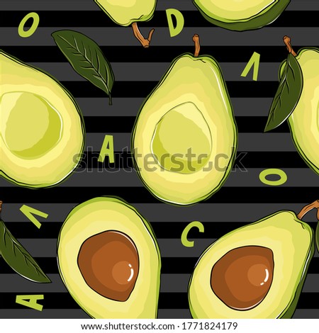 Ripe Cutted Avocado hand drawn seamless pattern on black striped background with coloured letters. Summer trendy food ornament.