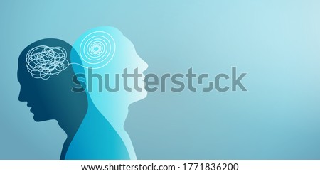 Metaphor bipolar disorder mind mental. Double face. Split personality. Concept mood disorder. Psychology. Dual personality concept. 2 Head silhouette.Mental health. Tangle and untangle Royalty-Free Stock Photo #1771836200