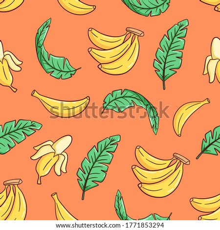 hand drawn banana and banana leaves seamless pattern background