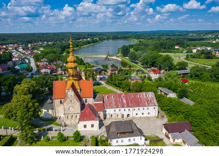 Aerial view of church in small village Cegielnia, Poland.