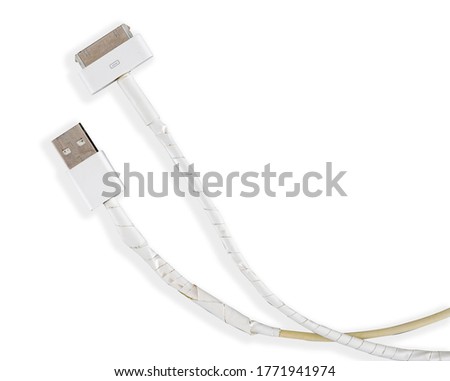 Damaged white usb cable plug and micro usb plug or Old Smart Phone Charger Cable broken on white acrylic background, Close up & Macro shot.
