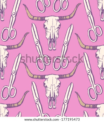 Longhorn skull and scissors, vector seamless pattern 