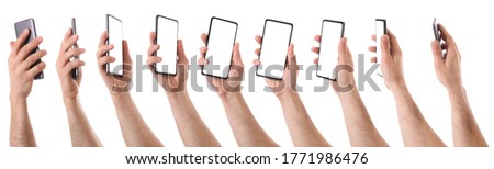 Sequence of various views of caucasian man hands with dark mobile phone picked up vertically and white screen set Royalty-Free Stock Photo #1771986476