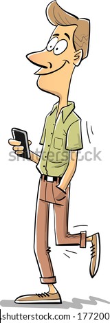 Casual dressed man walking with smartphone