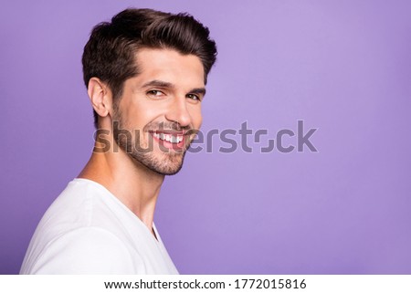 Close-up profile side view portrait of his he nice attractive content brown-haired cheerful cheery guy modern look isolated over bright vivid shine vibrant lilac violet purple color background Royalty-Free Stock Photo #1772015816