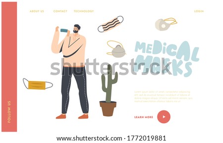 Man in Protective Medical Face Mask Landing Page Template. Male Character Wearing Protection From Virus, Urban Air Pollution, Smog, Pollutant Gas Emission, Coronavirus. Linear Vector Illustration