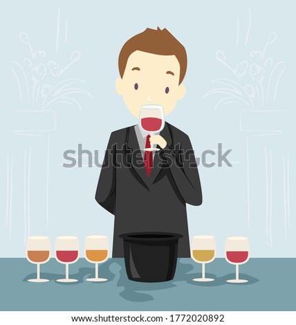 Illustration of a Man with Several Wine on Glasses and Tasting Wine