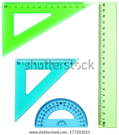 Plastic ruler, protractor, triangle, isolated on white background 