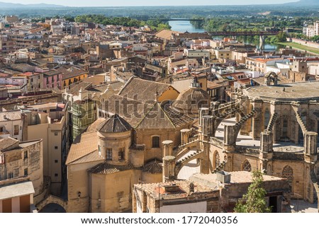 View of Tortosa Cathedral and city buildings, Catalonia, Tarragona, Spain