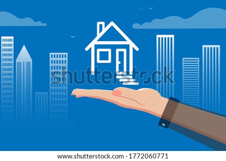 Real estate agency. Female hand of the seller, buyer in suit holds a house on the palm. Against the background of the cityscape, skyscrapers. Mortgage, deposit, loans, credit, banking. Vector isolated
