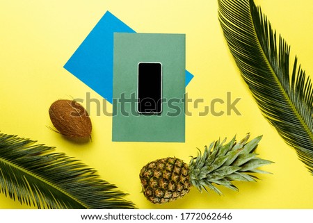 top view of green palm leaves, smartphone, coconut, pineapple on colorful background