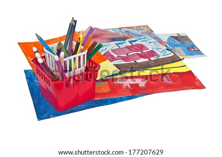 Children's drawings and colored pencils isolated on white background