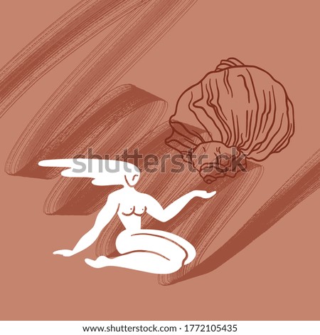 Vector hand drawn flat  illustration of girl with shell. Creative artwork. Template for card, poster, banner, print for t-shirt, pin, badge, patch.