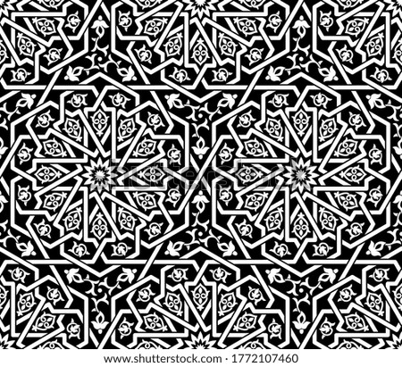 Seamless white Islamic pattern isolated on black background. Interlacing lines. Floral elements. Traditional oriental graphic style. 