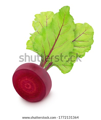 Half of fresh beet with leaves isolated on a white background. Clip art image for package design.