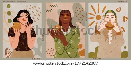Girl eating a Burger. A collection of women with Burgers in their hands. Abstract minimalist hand-drawn vector illustration for stories, wall decoration, postcard or brochure cover design. Royalty-Free Stock Photo #1772142809