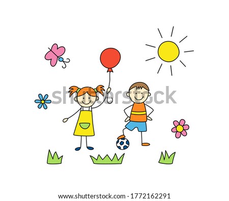 Fun kids play outdoors. Cute doodle boy with ball and girl with balloon. Hand drawn vector illustration on white background