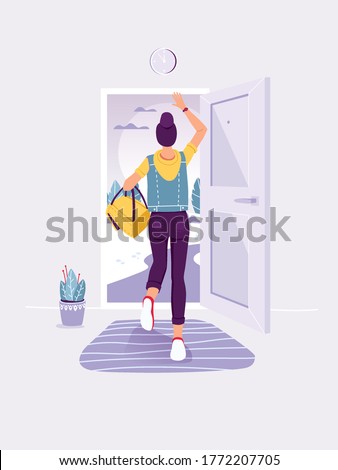 People leaving home. Back view. Lady staing in the doorway. Woman running into open door. Exit and escape concept. Trendy flat vector illustration. Royalty-Free Stock Photo #1772207705