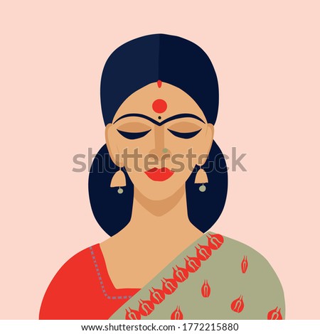 Young beautiful cartoon style Indian woman in traditional clothes sari and dupatta