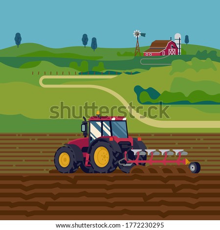 Cool vector flat illustration on farming with tractor plowing a field with reversible plow and a farm in the distance. Field soil ploughing process vector flat style concept Royalty-Free Stock Photo #1772230295