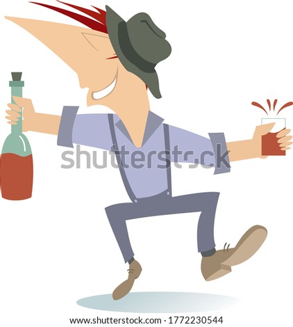 Smiling young man holds a bottle and glass with alcohol illustration. Funny happy man in the hat holds a bottle and glass with alcohol isolated on white
