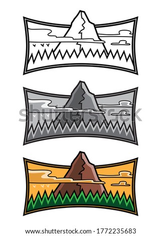 Graphic emblem of a mountain surrounded by clouds and with trees in front. The element is in three versions: white and black, grayscale and color. Vector illustration.