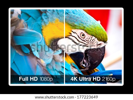 4K television display with comparison of resolutions. Ultra HD on on modern TV Royalty-Free Stock Photo #177223649