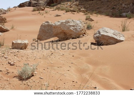 Rare rock formation in arid desert sand dunes in Sharjah, United Arab Emirates. Wind action piles tons of desert sand at the base, constantly changing the geological look of the arid dunes.