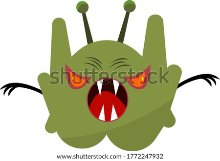 scary monster with bright orange eyes and open mouth with sharp fangs object on a white background concepts of halloween and mysticism