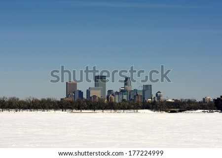 View across frozen lake Calhoun, Minneapolis, Minnesota, USA