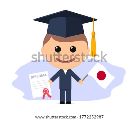 Cartoon graduate with graduation cap holds diploma and flag of Japan. Vector illustration