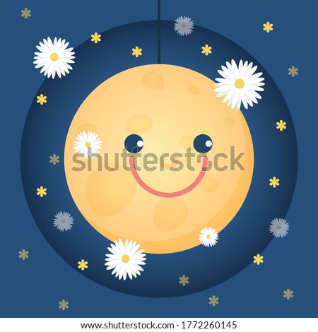 The bright moon and smile with daisies in the sky.