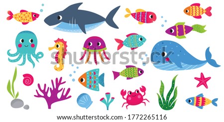 Sea animals, cartoon vector set, isolated on white