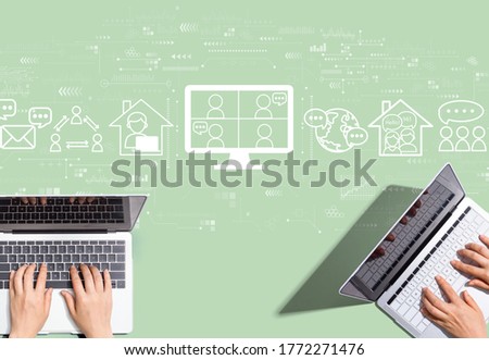 Online meeting theme with people working together with laptop computers
