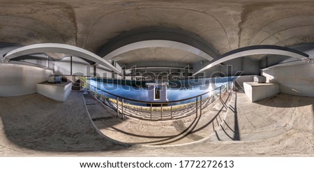 full seamless spherical hdri panorama 360 degrees angle view under steel frame construction of huge car bridge across river  in equirectangular projection. VR  AR content
