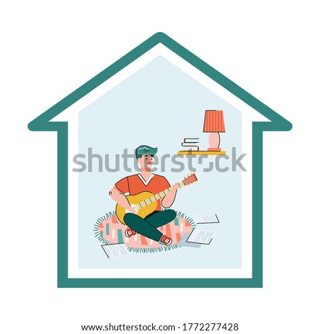 Poster urging you to stay home with man cartoon character playing music on guitar, vector illustration isolated on white background. Quarantine or home leisure and hobby.