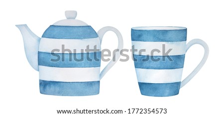 Water color illustration collection of teapot and tea cup set, decorated with blue striped pattern. Hand painted watercolour sketchy drawing on white background, cut out clipart elements for design.