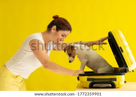 Dog is sitting in a suitcase next to a laughing woman on a yellow background. The girl is going on a trip with a pet. Love between owner and puppy.